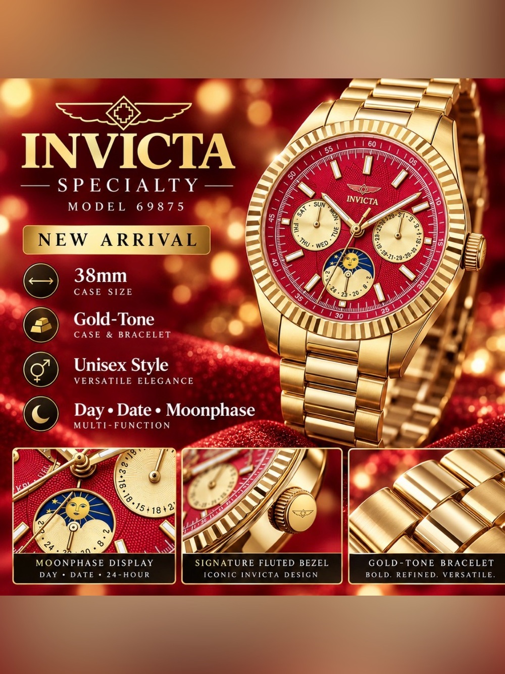 Invicta Gold-Tone Watch with Red Dial and Moonphase